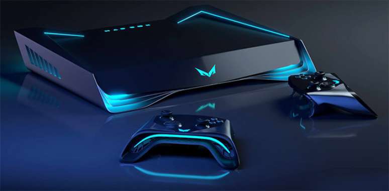 O console tem design futurista e painel em LED que mostra informações sobre o  game que está sendo jogado