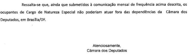 Declaração oficial da Câmara sobre o exercício de cargos de natureza especial fora de Brasília