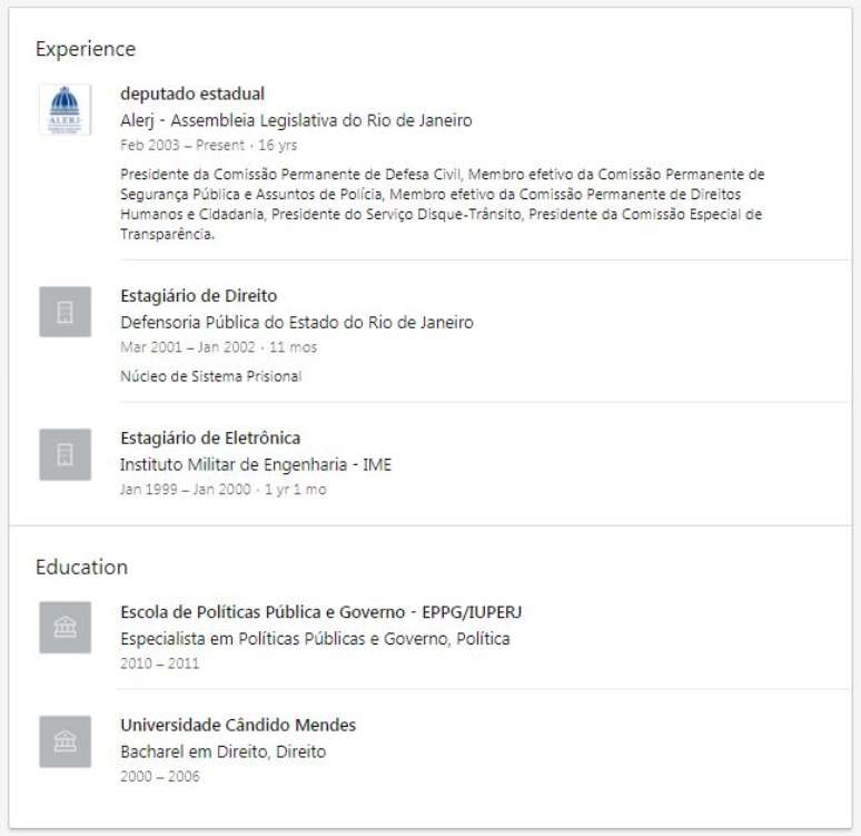 Currículo de Flávio Bolsonaro em seu perfil no LinkedIn