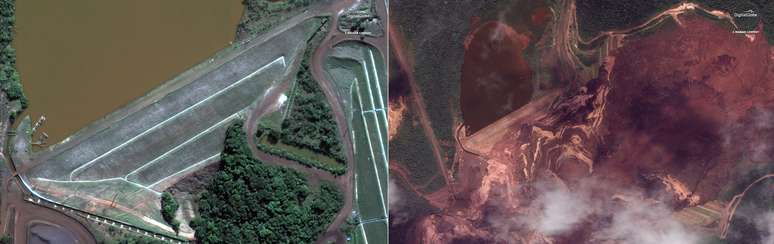 Imagens de satélite de antes e depois de barragem da Vale em Brumadinho que rompeu na semana passada
©2019 DigitalGlobe, a Maxar company/Divulgação via Reuters