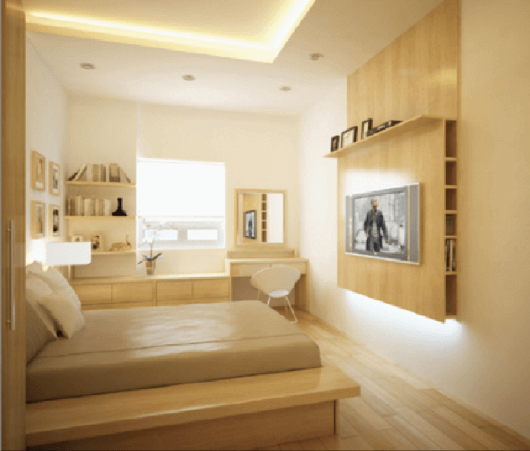 4- Na decora&ccedil;&atilde;o do quarto, as paredes tem a cor palha combinando com os m&oacute;veis e os pisos. Fonte: Jc Clean House