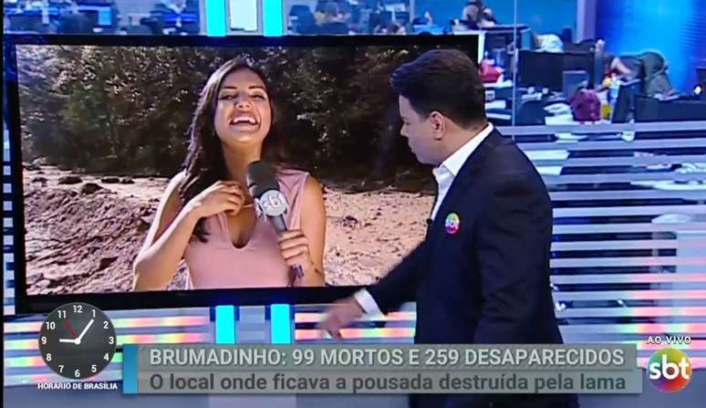 Márcia Dantas e Marcão do Povo durante a cobertura do 'Primeiro Impacto' em Brumadinho.