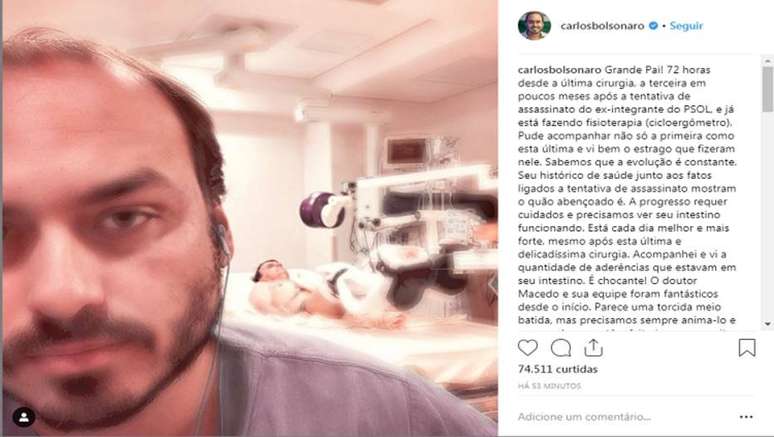 Carlos Bolsonaro publicou foto com o pai pela primeira vez após a cirurgia do dia 28 de janeiro, no dia 31