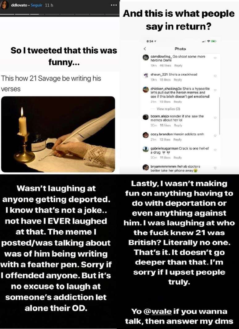 Compila&ccedil;&atilde;o de stories postados por Demi Lovato sobre a pol&ecirc;mica em torno do meme.