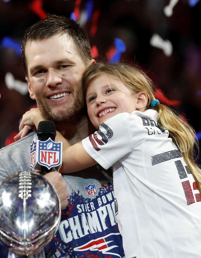 Tom Brady com a filha na comemoração do título