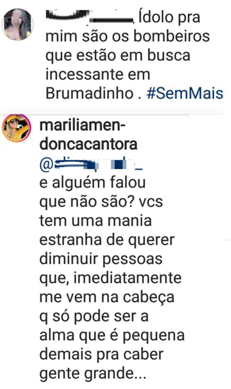 Marília Mendonça rebate comentário de seguidora.
