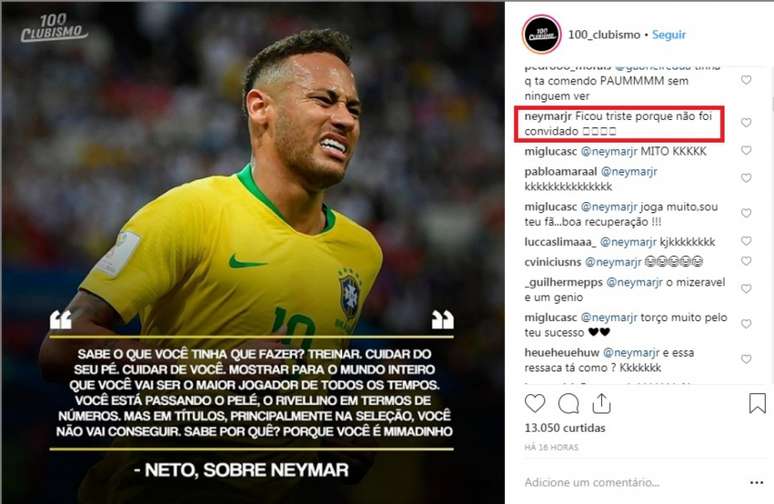 Neymar ironizou Neto após criticas do ex-jogador. (Reprodução/Instagram)