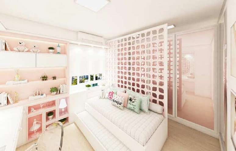 11. Decoração com cobogó cerâmico para quarto feminino todo cor de rosa – Foto: Pinosy