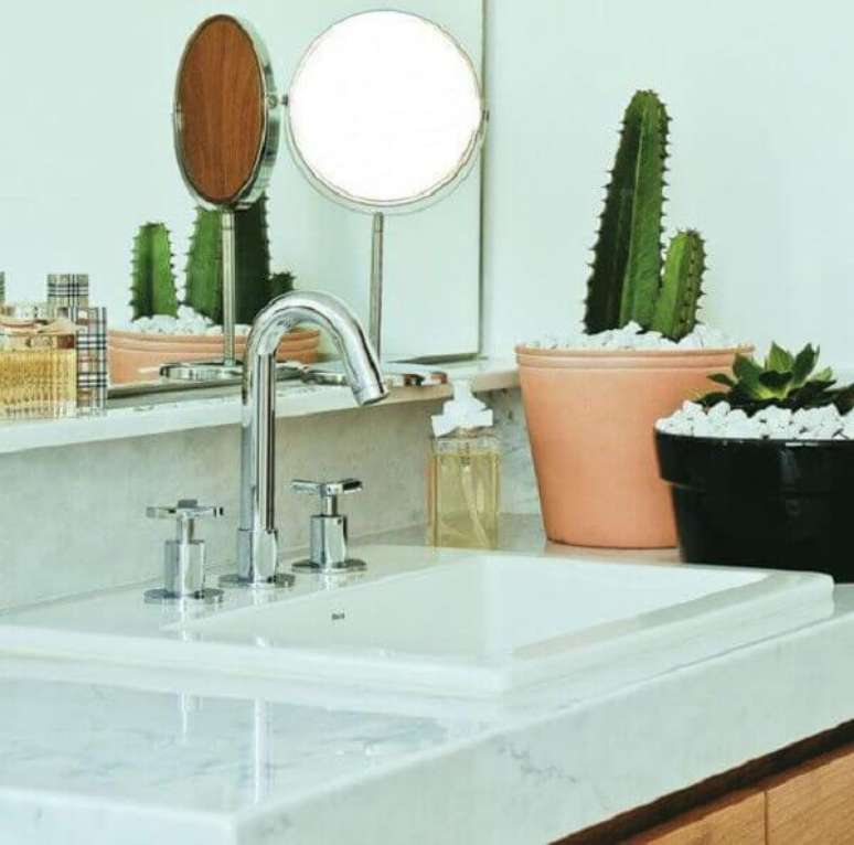 58- Dois vasos com cactos e pedrinhas brancas decoram a bancada do banheiro. Fonte: Pinterest