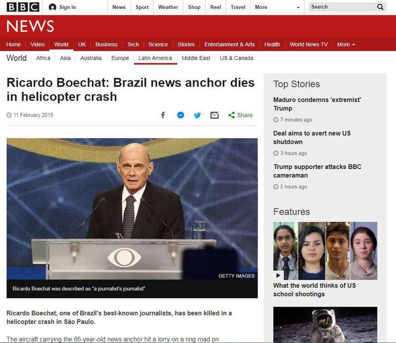 Reportagem da BBC sobre a morte de Boechat