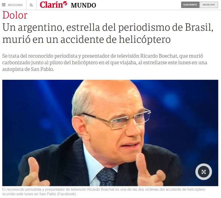 Reportagem do argentino 'Clarín' sobre a morte de Boechat