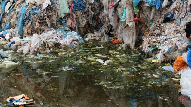 Resíduo em decomposição é depositado em água coberta de musgo em usina ilegal de reciclagem de plástico