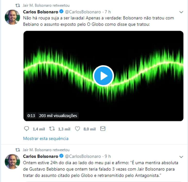 Perfil de Jair Bolsonaro compartilhou publicações do filho, Carlos Bolsonaro, acusando ministro Gustavo Bebianno de ter mentido a respeito de ter conversado com presidente