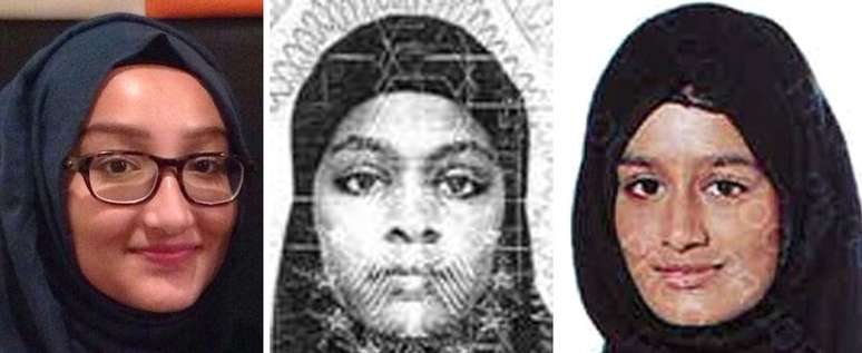 Kadiza Sultana, Amira Abase e Shamima Begum (da esquerda para a direita) em fotos divulgadas pela polícia