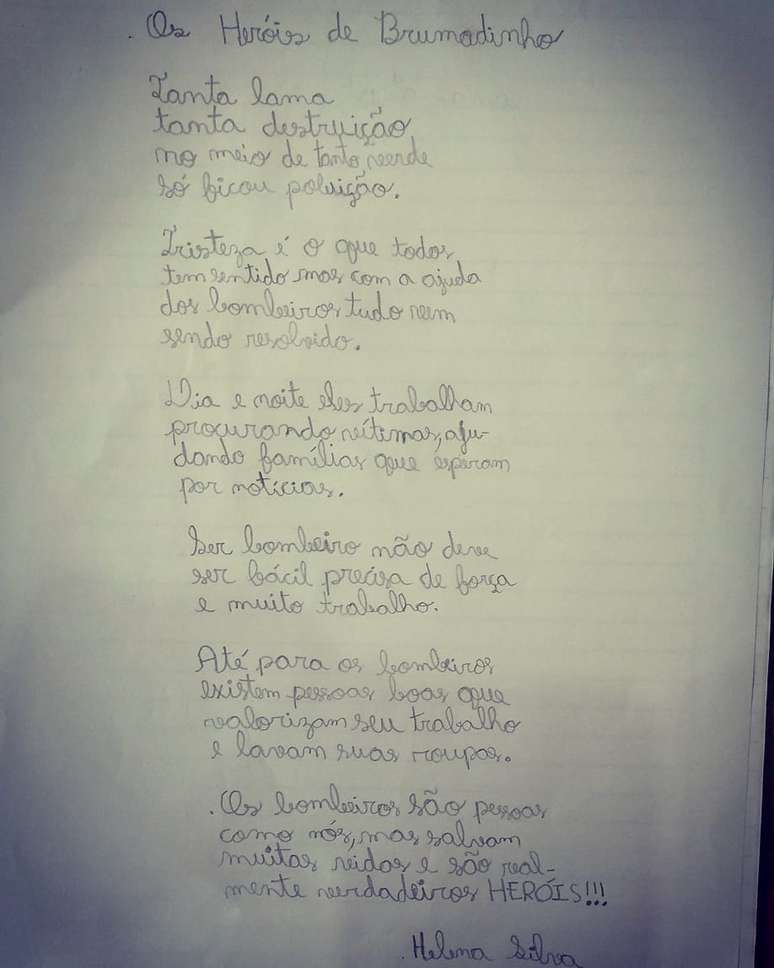 Imagem do poema que Helena escreveu para os bombeiros