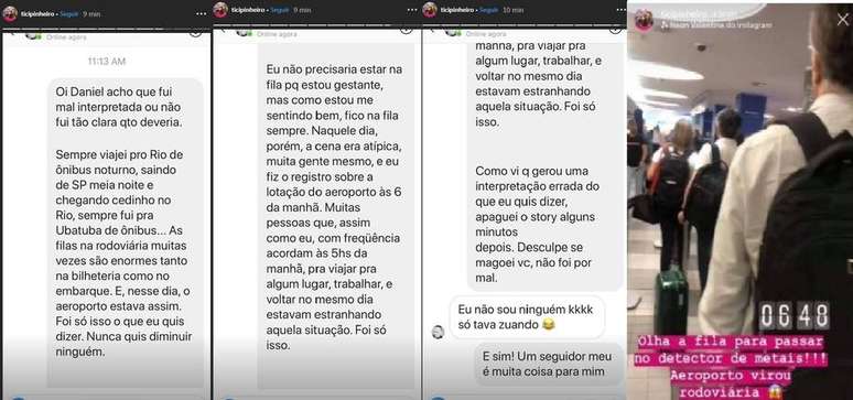 Ticiane Pinheiro explicou a situação a um seguidor e compartilhou a conversa pelos stories do Instagram.