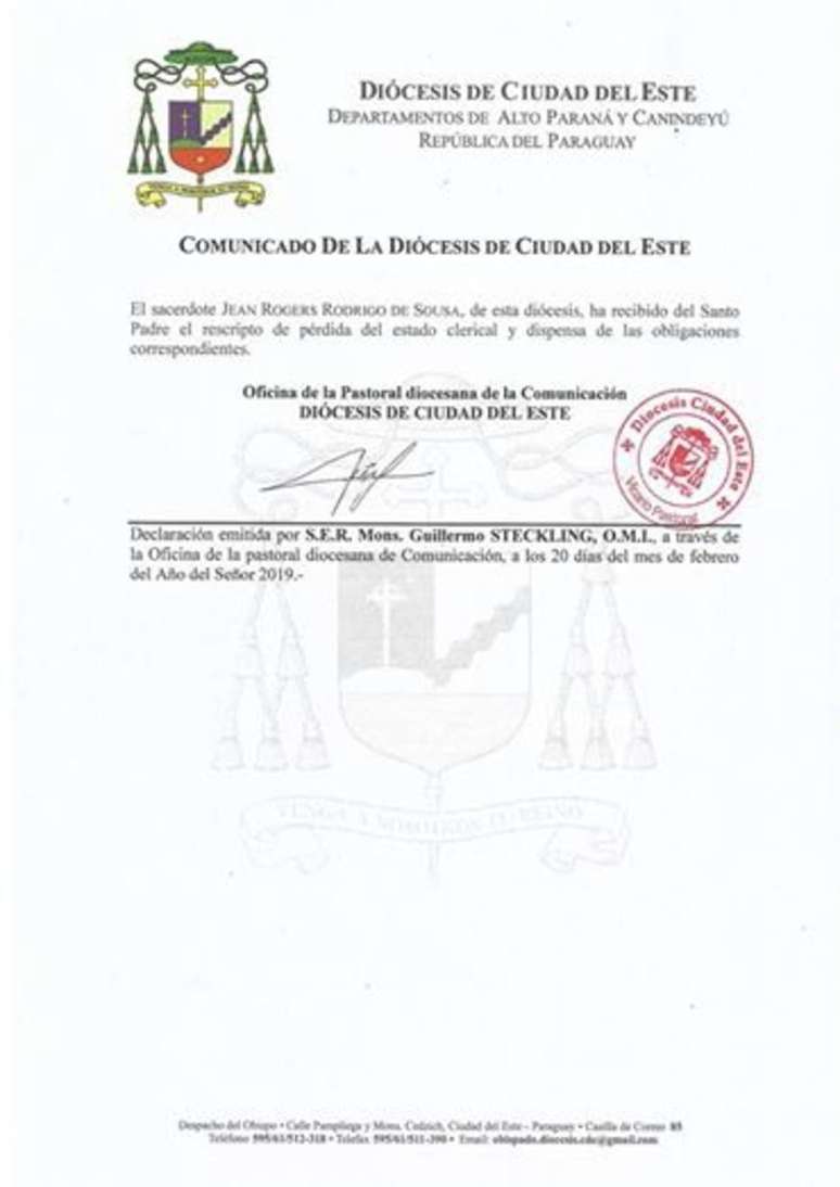 Segundo a Diocese de Ciudad del Este, Jean Rogers Rodrigo de Sousa “foi dispensado de suas obrigações clericais” pelo papa Francisco