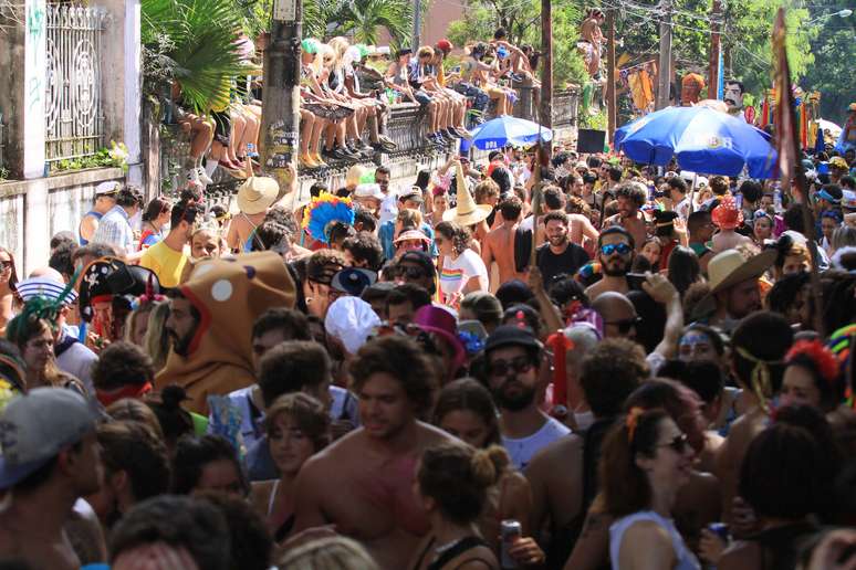 Foliões durante desfile do bloco Céu na Terra, em Santa Teresa, no Rio de Janeiro (RJ), na manhã deste sábado (23)