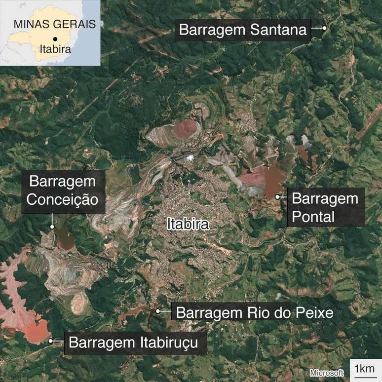 Mapa mostrando a cidade de Itabira, cercada por barragens