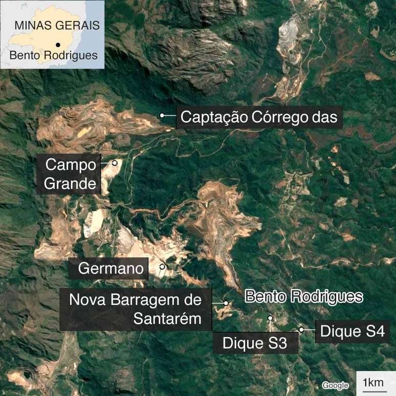 Mapa mostrando o distrio de Bento Rodrigues, e as barragens pr&oacute;ximos