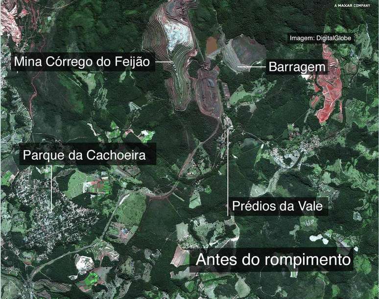 Vista a&eacute;rea da regi&atilde;o antes do rompimento