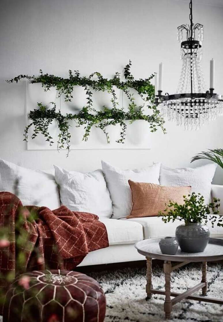 19- O painel de plantas para sala tem mudas de Hera plantadas. Fonte: Ideias Decor