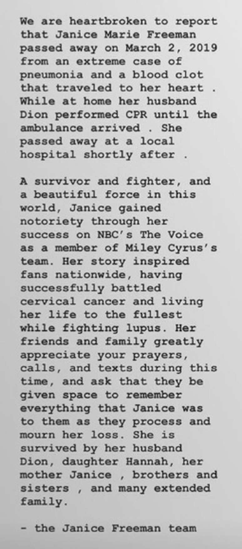 Comunicado sobre a morte de Janice Freeman publicado neste domingo, 3.