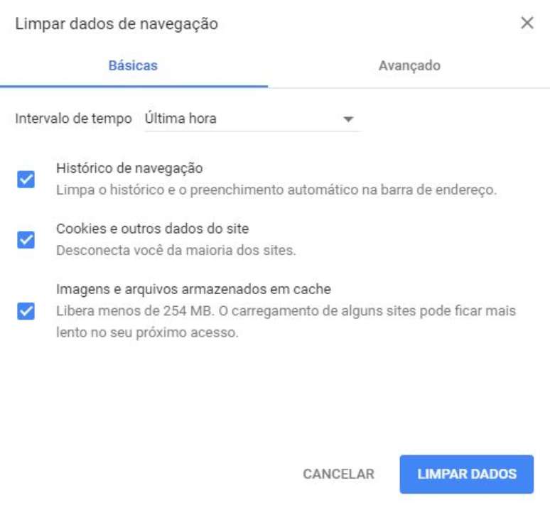 Imagem da tela de limpeza de dados de navega&ccedil;&atilde;o, no Chrome