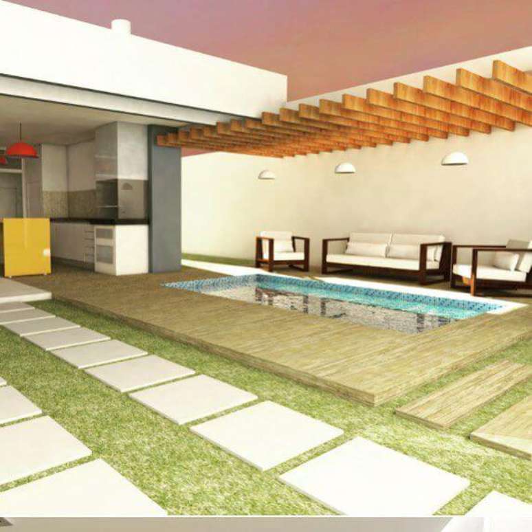 78. &Aacute;rea externa com piscina decorada com pergolado de madeira &ndash; Foto: Ricardo Dorascenzi