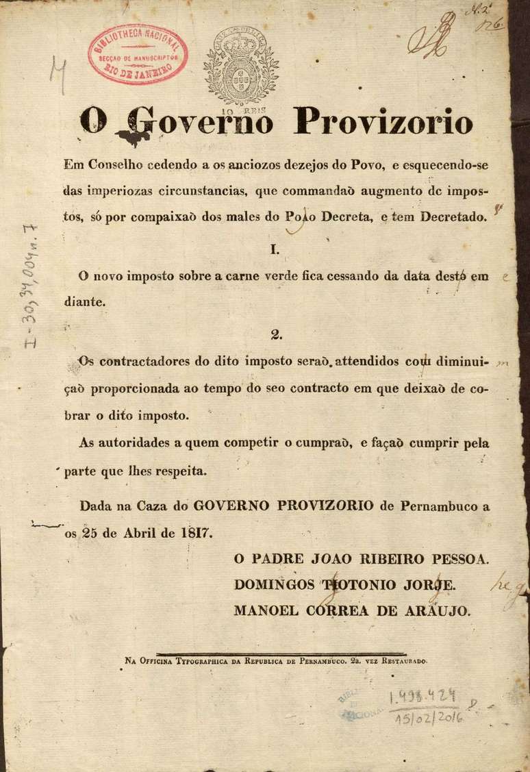 Decreto do governo provis&oacute;rio que extinguia o imposto sobre a carne