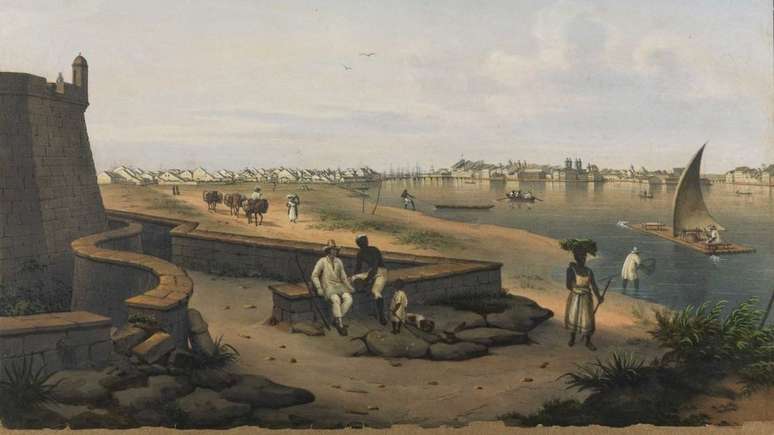 Vista da cidade do Recife a partir do Forte de S&atilde;o Jo&atilde;o Batista do Brum por volta de 1800
