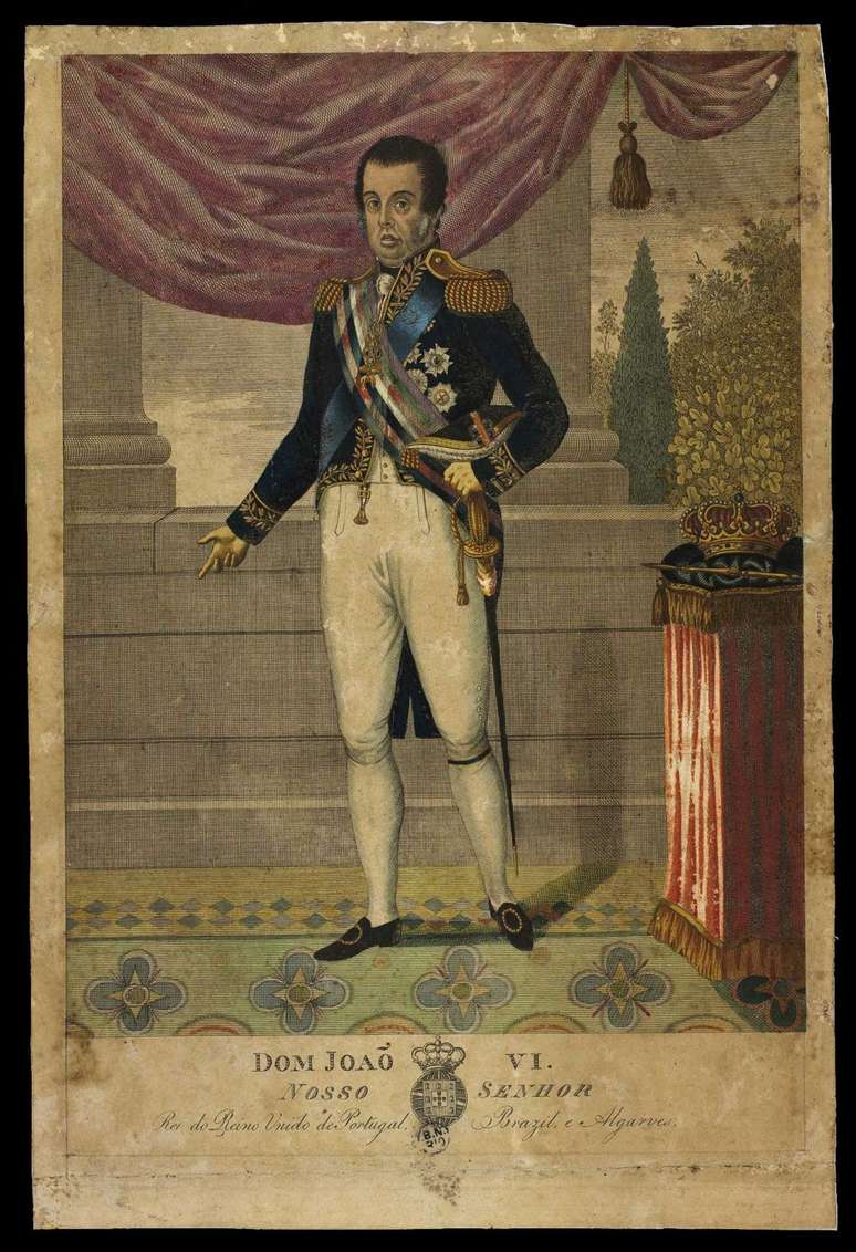 Dom Jo&atilde;o 6&ordm; como rei do Reino Unido de Portugal, Brasil e Algarves: monarcas eram vistos como l&iacute;deres escolhidos por Deus