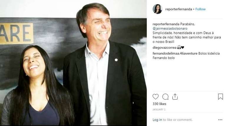 Fernanda Salles, que assinou texto com informações falsas sobre repórter do 'Estado', e o presidente Jair Bolsonaro, em foto publicada nas redes sociais