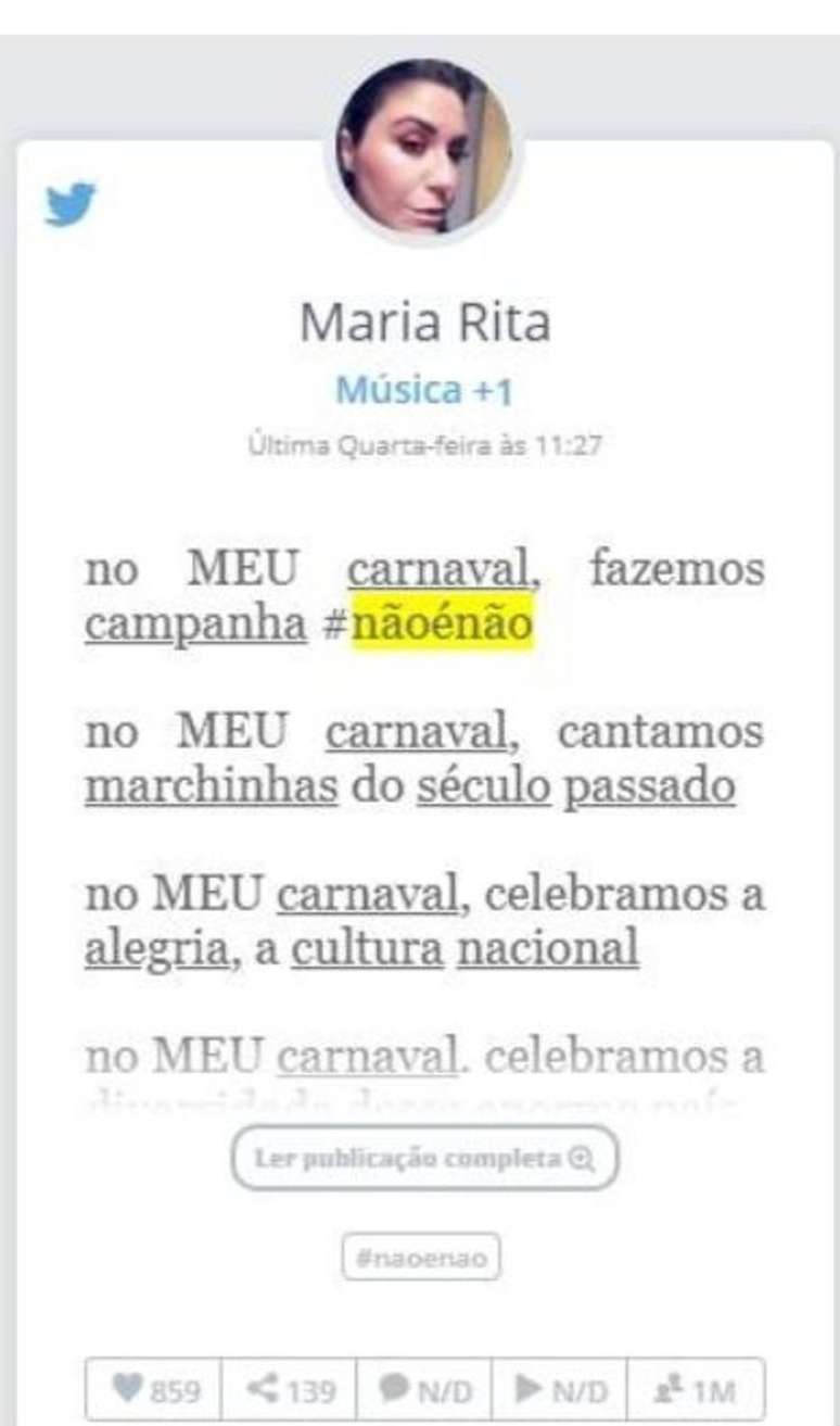 A cantora Maria Rita também entrou na campanha 'Não é Não' durante o carnaval 2019.