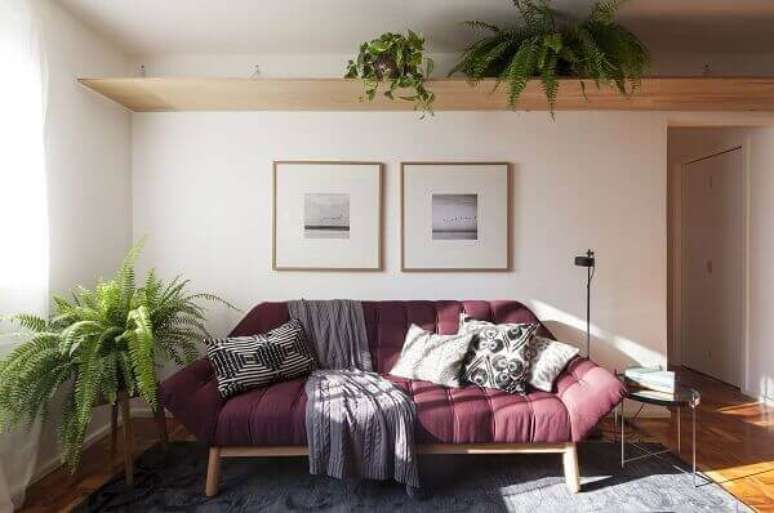34- Na decoração do apartamento foi utilizado a samambaia sobre a prateleira alta e também ao lado do sofá. Fonte: Roofing Brooklyn