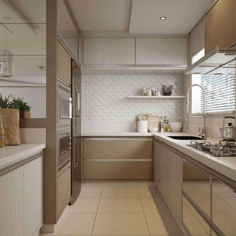 53. Decora&ccedil;&atilde;o para cozinha em tons neutros com arm&aacute;rios planejados e bancada de granito branco &ndash; Foto: Ambient&aacute;lize Arquitetura