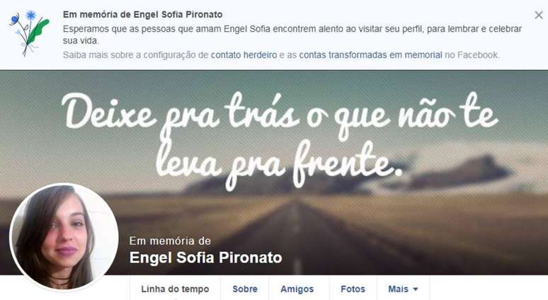 Perfil de luto no Facebook pela morte de Engel Sofia Pironato