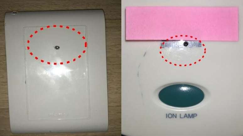 As minic&acirc;meras foram instaladas em tomadas ou suporte de secador, como mostram as fotografias