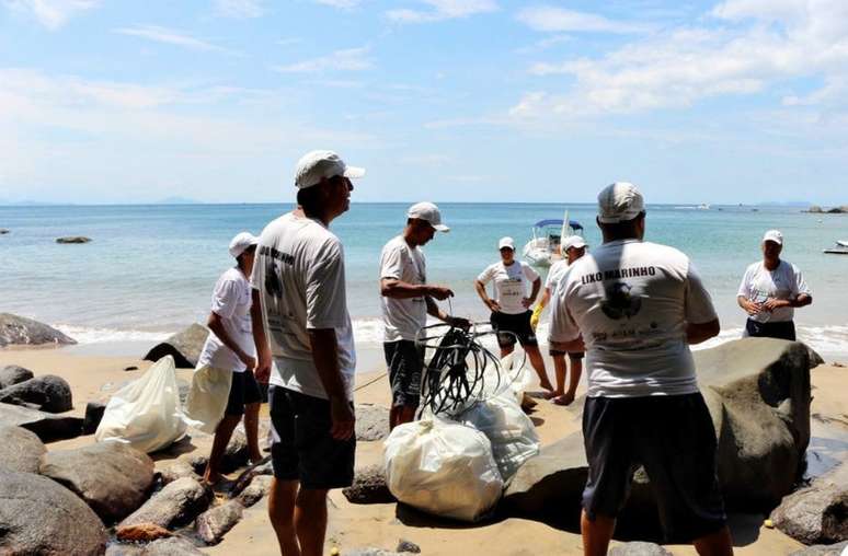 Mergulhadores da Operação Praia Limpa acharam um golfinho morto, provavelmente pela ingestão de plástico; ação já recolheu mais de 2 toneladas de lixo lançado no mar, inclusive pneus e chinelos.