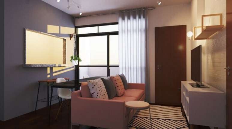 13- Na decora&ccedil;&atilde;o de casas pequenas, a mesa tipo aparador atr&aacute;s do sof&aacute; complementa a decora&ccedil;&atilde;o. Fonte: EasyDeco Online