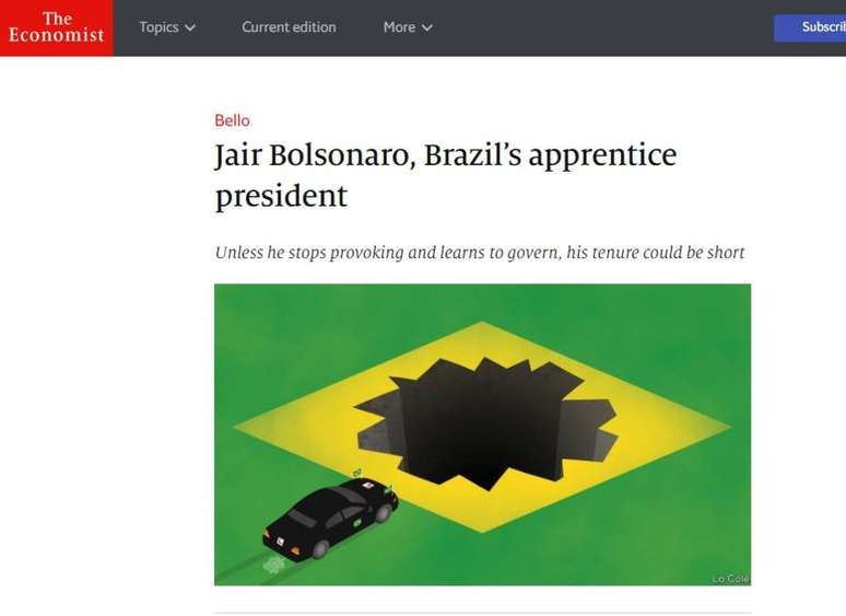 Reprodução do título da matéria da revista The Economist crítica ao presidente Jair Bolsonaro