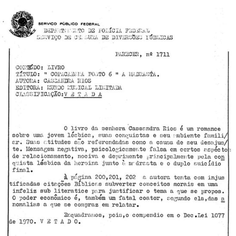 Parecer de censor veta livro de Cassandra, 'Copacabana Posto 6'