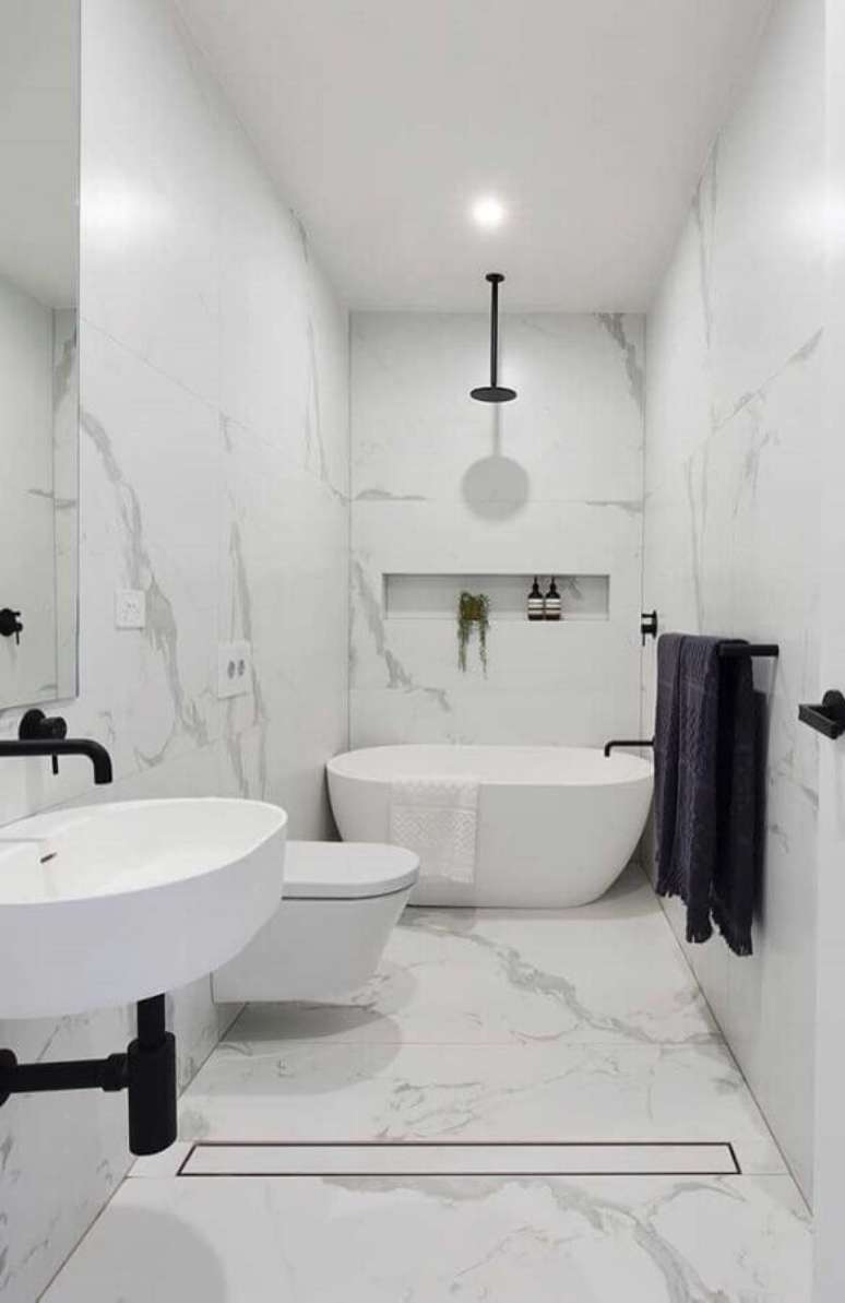 52. Para dar um toque sofisticado em banheiros masculino utilize uma decoração clean com mármore – Foto: Neu dekoration stile