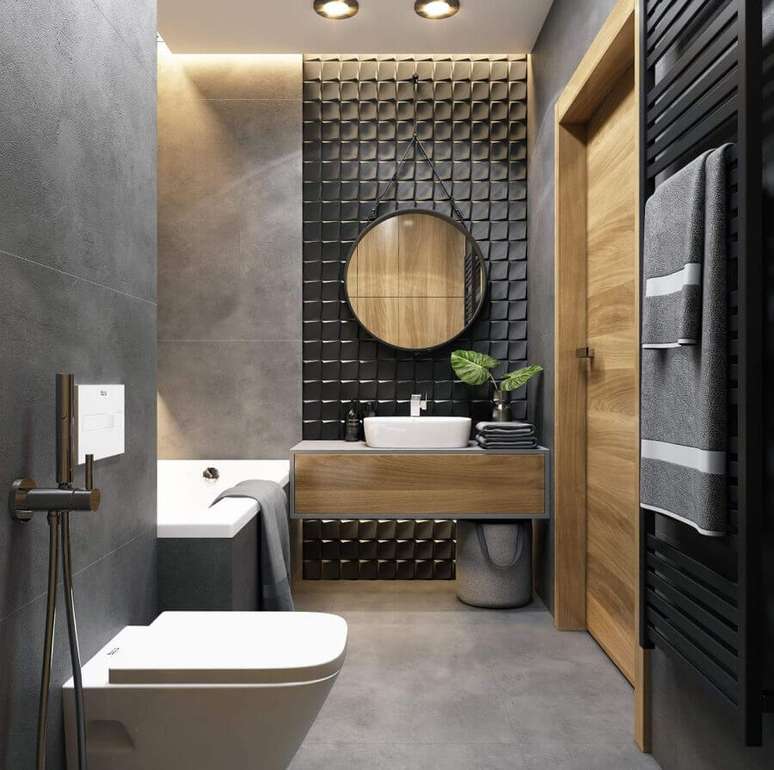 56. O revestimento 3D dá um acabamento mais personalizado à decoração de banheiros masculinos – Foto: JolyGram