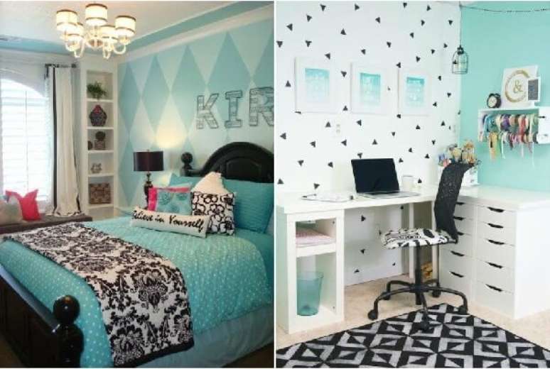 13 &ndash; Quarto de casal e home office com decora&ccedil;&atilde;o azul turquesa e preto. Fonte: Alto Astral