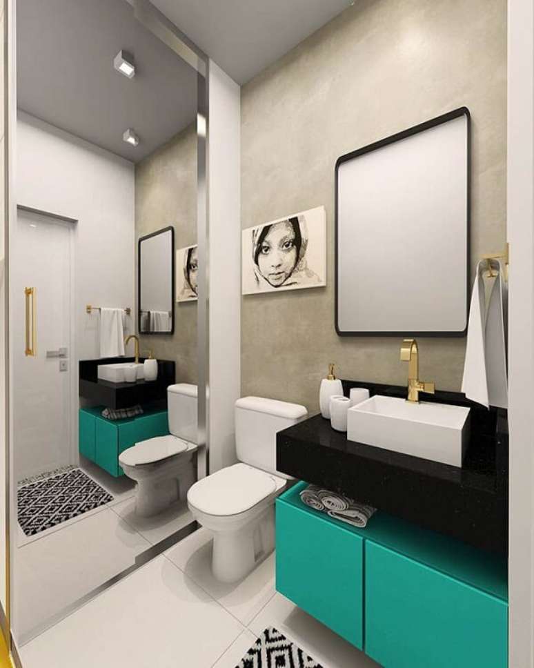 72 – Gabinete de banheiro com a cor azul turquesa transmite serenidade ao ambiente. Fonte Pinterest