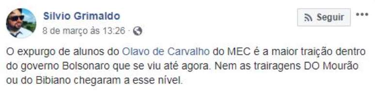 Postagem de Silvio Grimaldo no Facebook