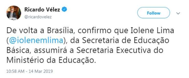 Tuíte de Ricardo Vélez anuncia nome de Iolene