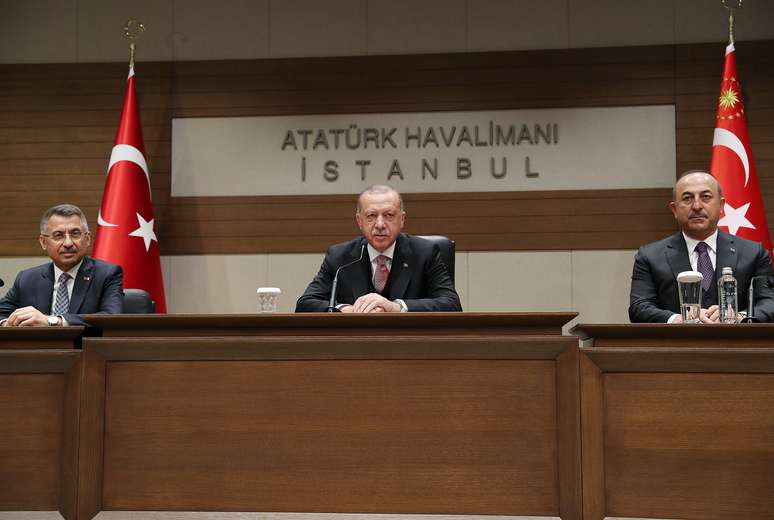 Presidente turco, Tayyip Erdogan, em entrevista coletiva em Istambul
08/04/2019
Kayhan Ozer/Presidência/Divulgação via REUTERS
