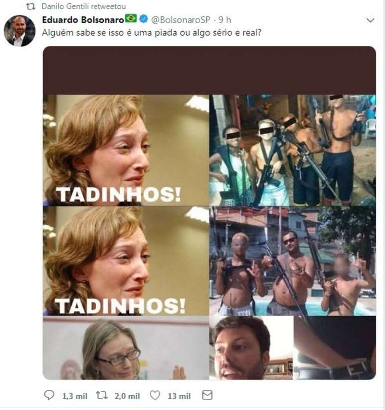 Tweet do deputado federal Eduardo Bolsonaro sobre a decisão da Justiça que penalizou o humorista Danilo Gentili.